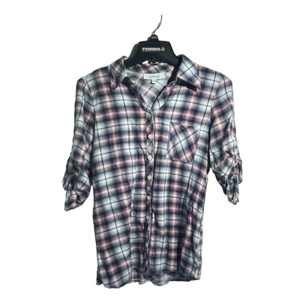 My Style Womens Plaid 3/4 Sleeve Button Down Shirt Pink Blue Size M